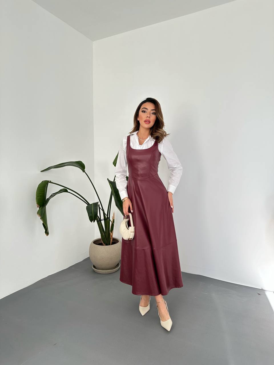 Faux Leather Sleeveless Midi Dress – Layered Modest Style (Shirt Sold Separately)