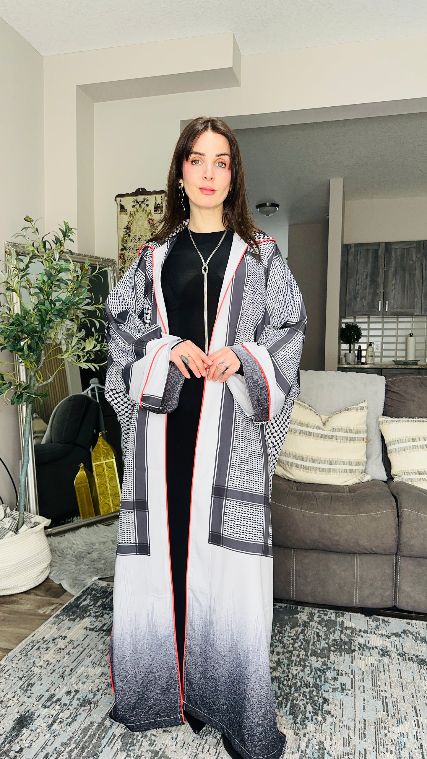 Keffiyeh‑Print Statement Maxi Kimono عباية غصن الزيتون