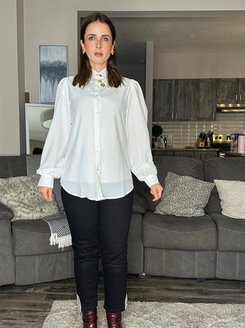 High-Collar Puff Sleeve Blouse – Elegant Layering Piece