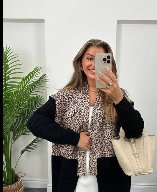 Knitted Denim Blend Leopard Print Cardigan