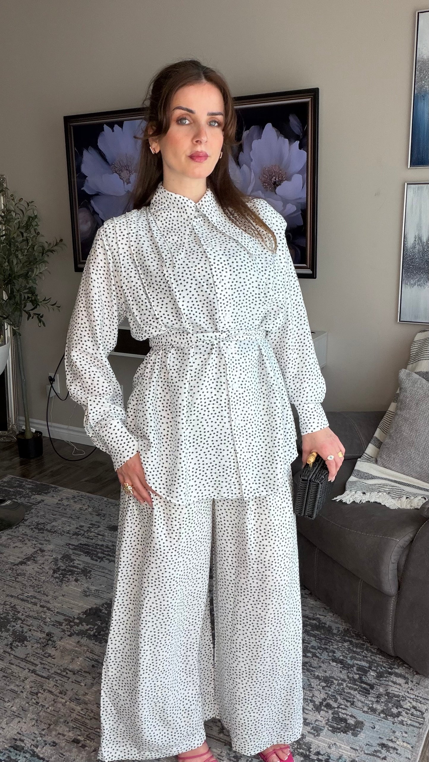 Modest Polka‑Dot Two‑Piece Set with Belted Waist