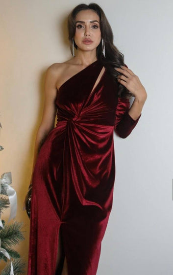 One Shoulder Velvet Burgundy Dress