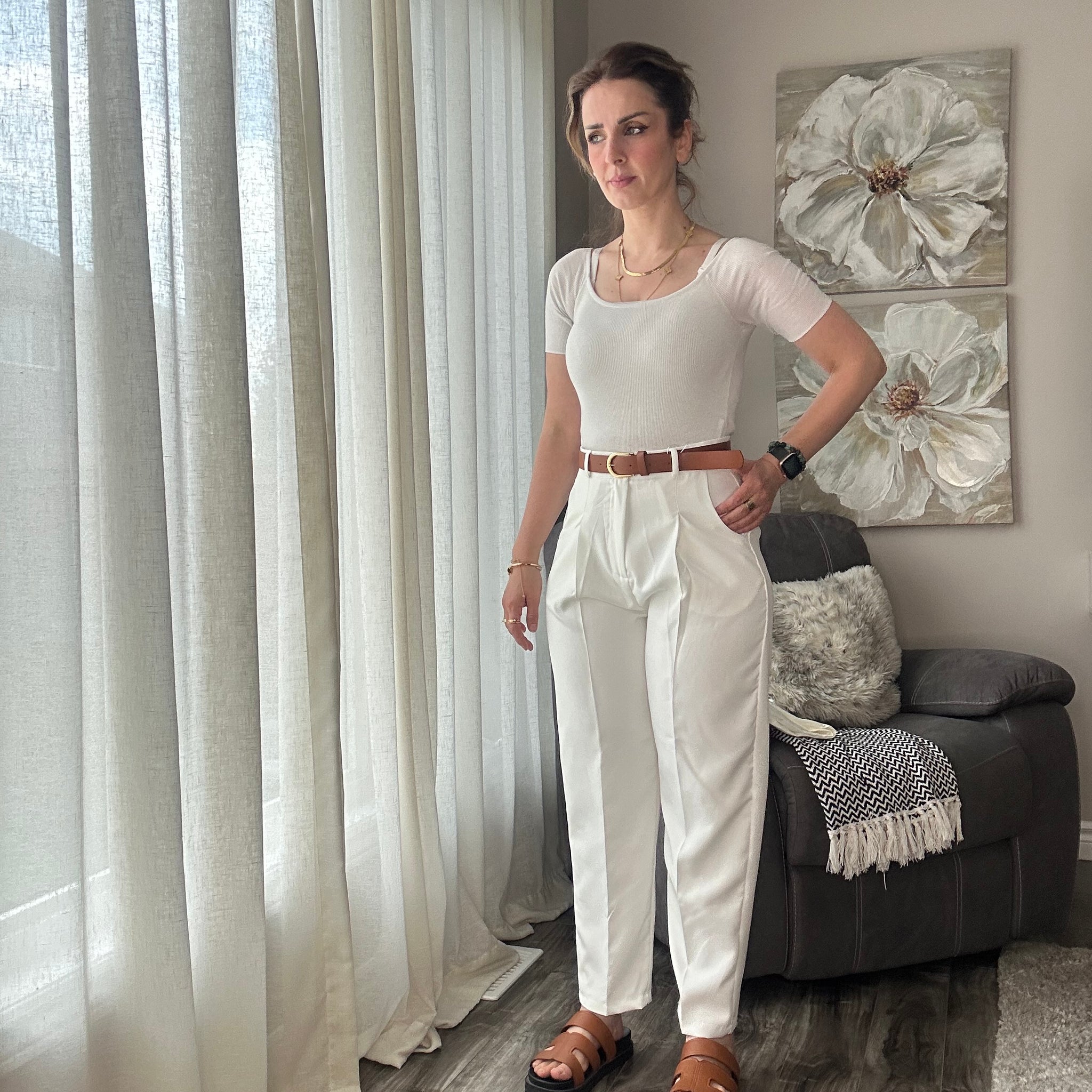 Women Tailored High Rise Straight Cut Belted Trousers