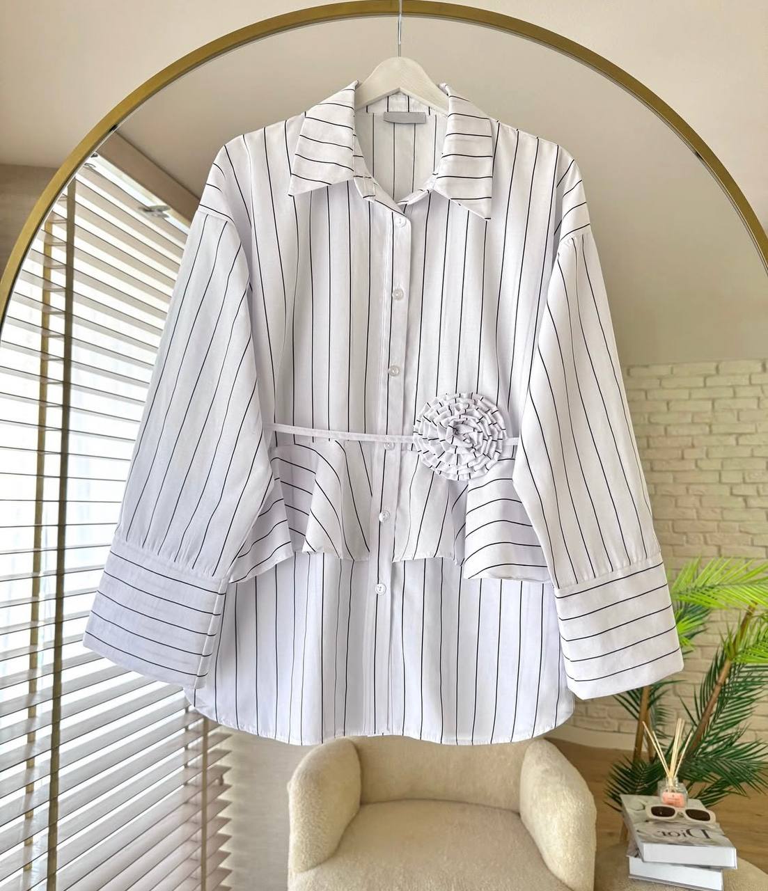 Striped Peplum Top with Floral Belt Detail