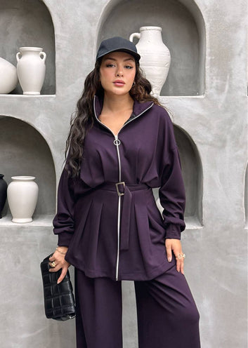 Women’s Zip-Up Belted Set – Long Sleeve Tunic & Wide-Leg Pants | Modest Streetwear Outfit