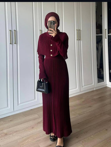 Pleated Maxi Dress with Gold Accents – Modest, Chic & Elegant