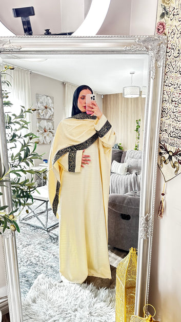 Arabic Calligraphy Abaya Dress with Built-In Scarf – Elegant Draped Silhouette