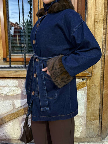 Faux Fur Trimmed Denim Coat – Lined, Chic & Cozy
