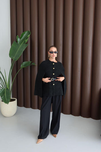 Women’s Cape Blouse Set – Gold Button Detail, Belted Waist & Wide-Leg Pants | Modest Luxury Fashion