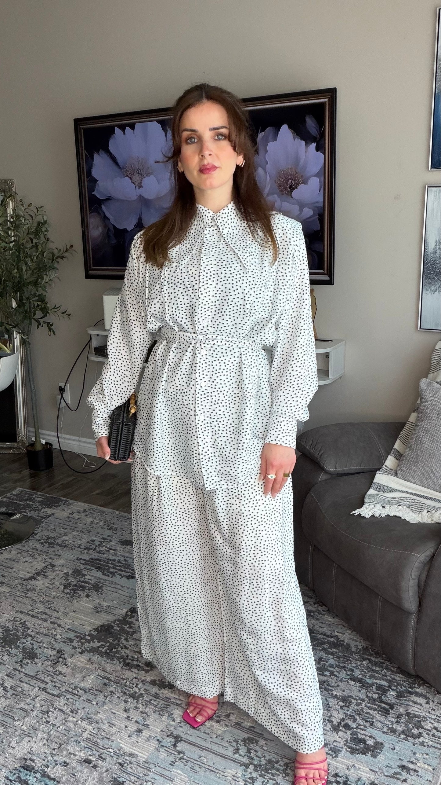 Modest Polka‑Dot Two‑Piece Set with Belted Waist