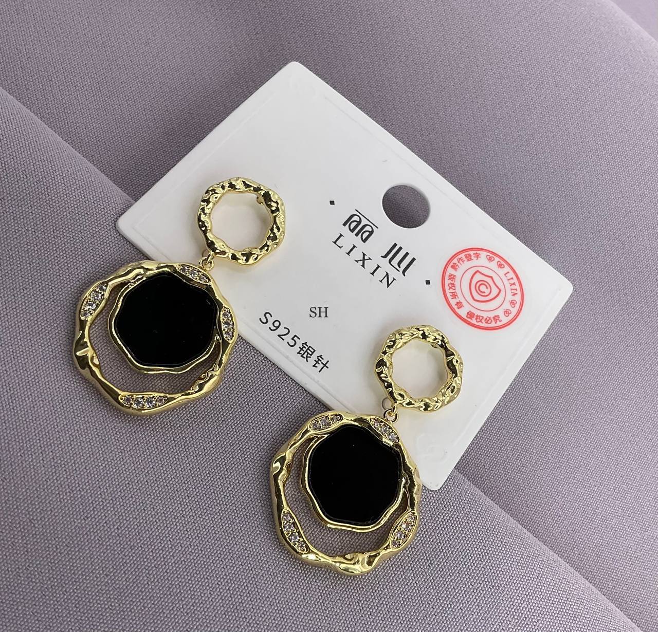 Gold Drop Earrings with Black Enamel and Textured Crystal Accents