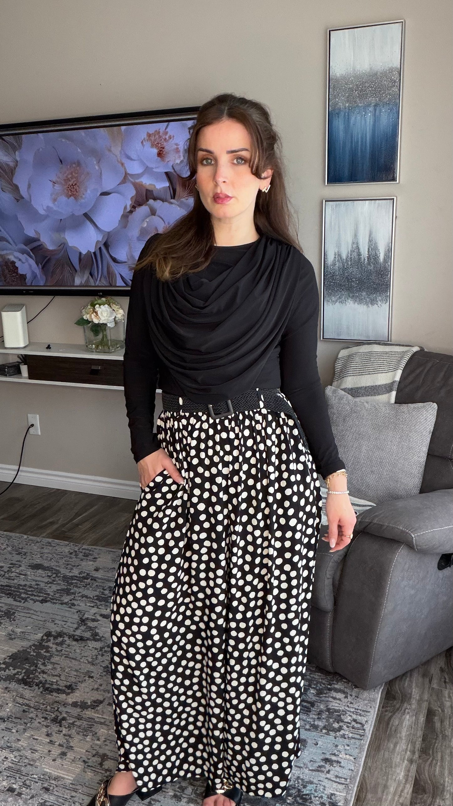 Polka-dots Wide‑Leg Belted Pants with Elegant Flowing Fit