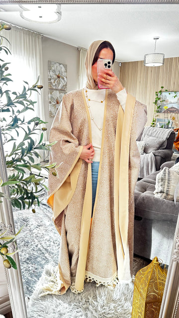 Textured Suede Becht Abaya with Fringe Detail – Statement Elegance