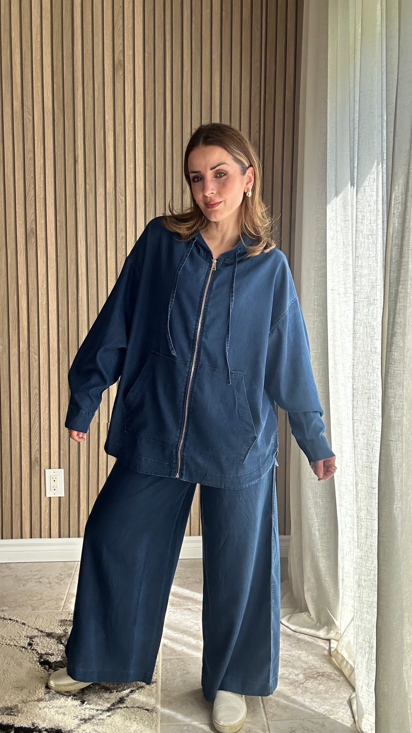 Two‑Piece Soft Denim Set with Hoodie & Wide‑Leg Pants