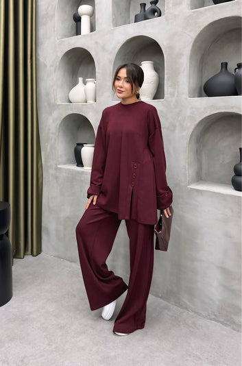 Women’s Belted Tunic & Wide-Leg Pants Set – Elegant Minimalist Style