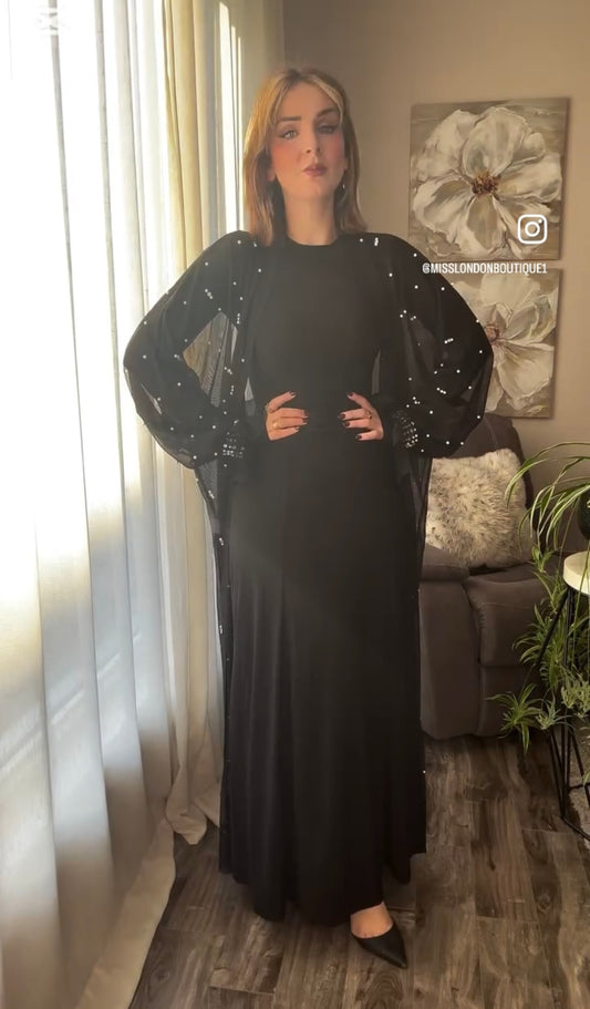 See Through Jeweled Belted Abaya