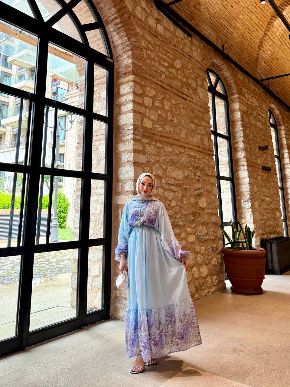 Floral Maxi Dress with Thin Fabric Belt – فستان زهرا