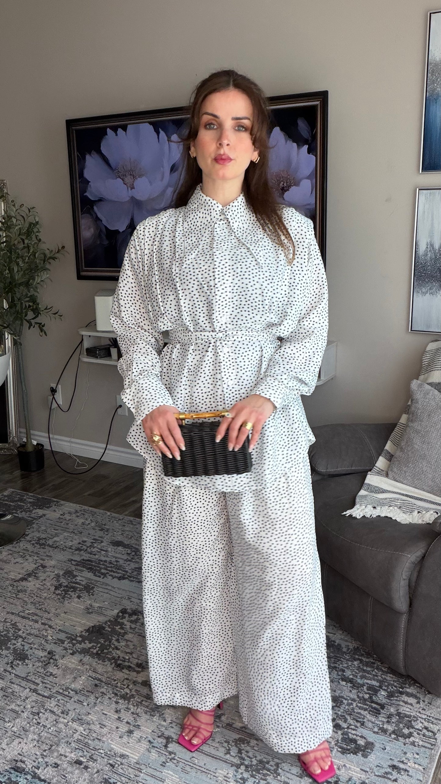 Modest Polka‑Dot Two‑Piece Set with Belted Waist