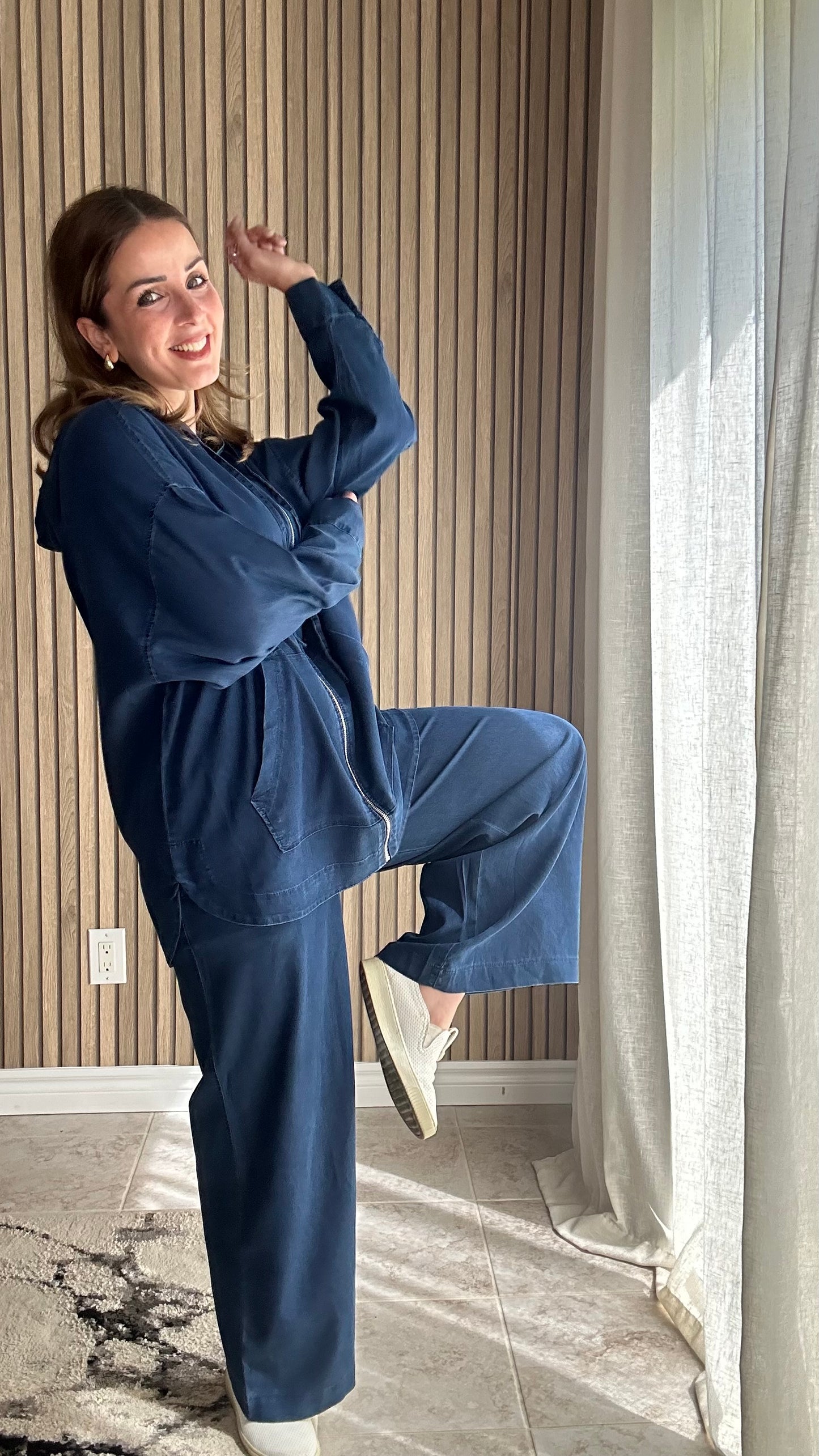 Two‑Piece Soft Denim Set with Hoodie & Wide‑Leg Pants
