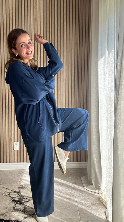 Two‑Piece Soft Denim Set with Hoodie & Wide‑Leg Pants