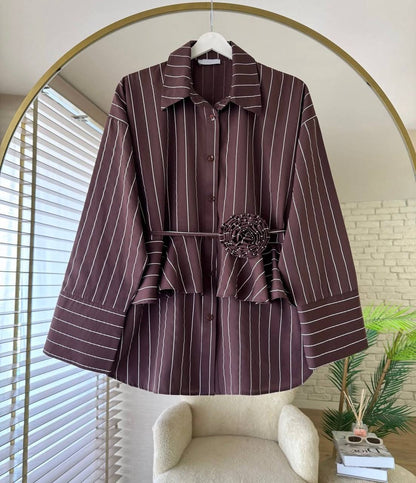 Striped Peplum Top with Floral Belt Detail