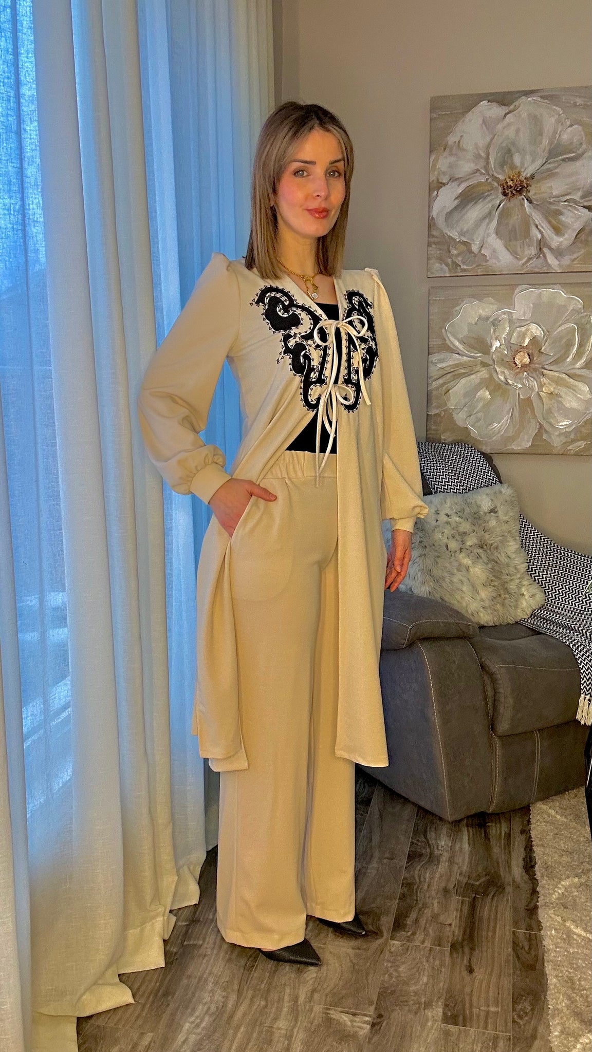Embroidered Drawstring Kimono Modest Set