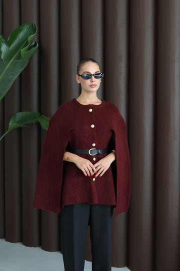 Women’s Cape Blouse Set – Gold Button Detail, Belted Waist & Wide-Leg Pants | Modest Luxury Fashion