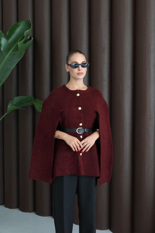 Women’s Cape Blouse Set – Gold Button Detail, Belted Waist & Wide-Leg Pants | Modest Luxury Fashion