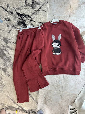 Cartoon Bunny Graphic Sweatshirt and Pants Set – Cozy Casual Wear
