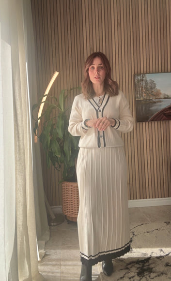 Cream Contrast-Trim Cardigan & Pleated Maxi Skirt Set