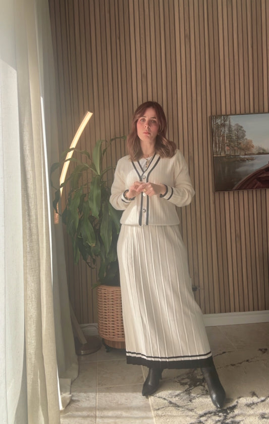 Cream Contrast-Trim Cardigan & Pleated Maxi Skirt Set