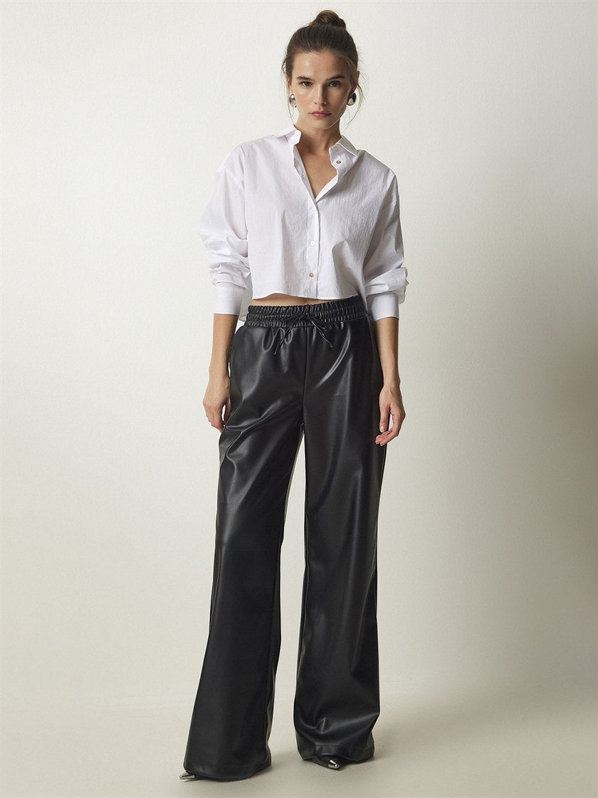 Faux Leather High Rise Elastic Waistband Trousers