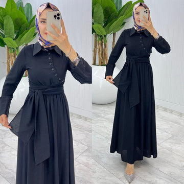 Women Maxi Belted Buttoned Long Sleeves Summer Breathable Dress