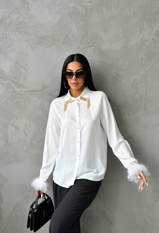 Button Up Feather Hems Shirt