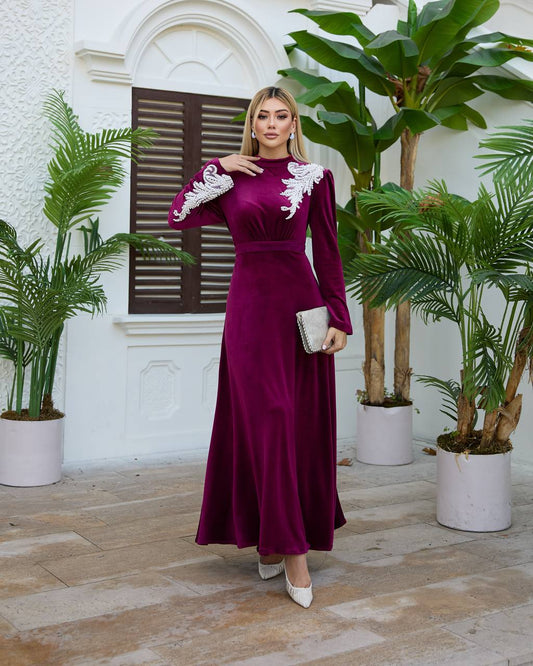 Maxi Velvet Beaded Belted Modest Evening Dress