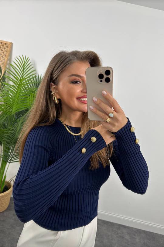 Women’s Ribbed Knit Top – Long Sleeve Fitted Sweater with Gold Button Cuff Detail | Elegant Everyday Wear