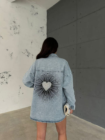 Light Denim Jacket with Heart Design and Embellishments on the Back