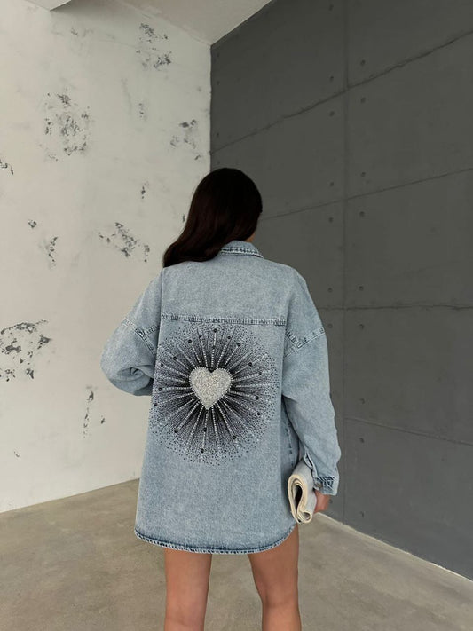 Light Denim Jacket with Heart Design and Embellishments on the Back