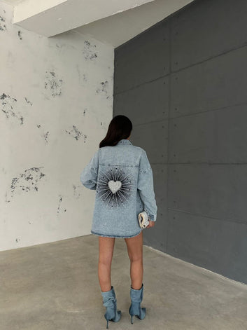 Light Denim Jacket with Heart Design and Embellishments on the Back